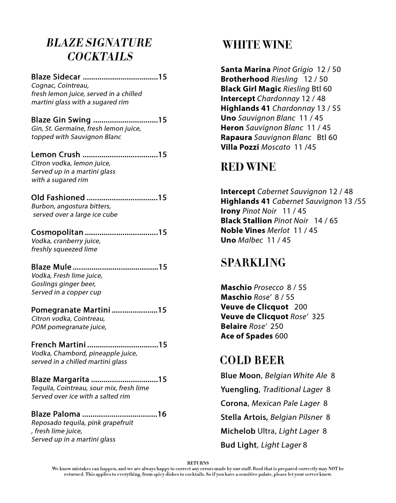 Drinks Blaze Steak & Seafood